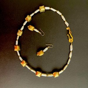 Freshwater pearl and gold necklace and earrings